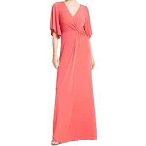 HALSTON HERITAGE Draped Twist V-Neck Jersey A-Line Gown Dress, Poppy, Size 2
